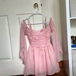 Women’s Juniors SugarThrillz XS Pink Sheer Ruched Rhinestone Long Sleeve Dress